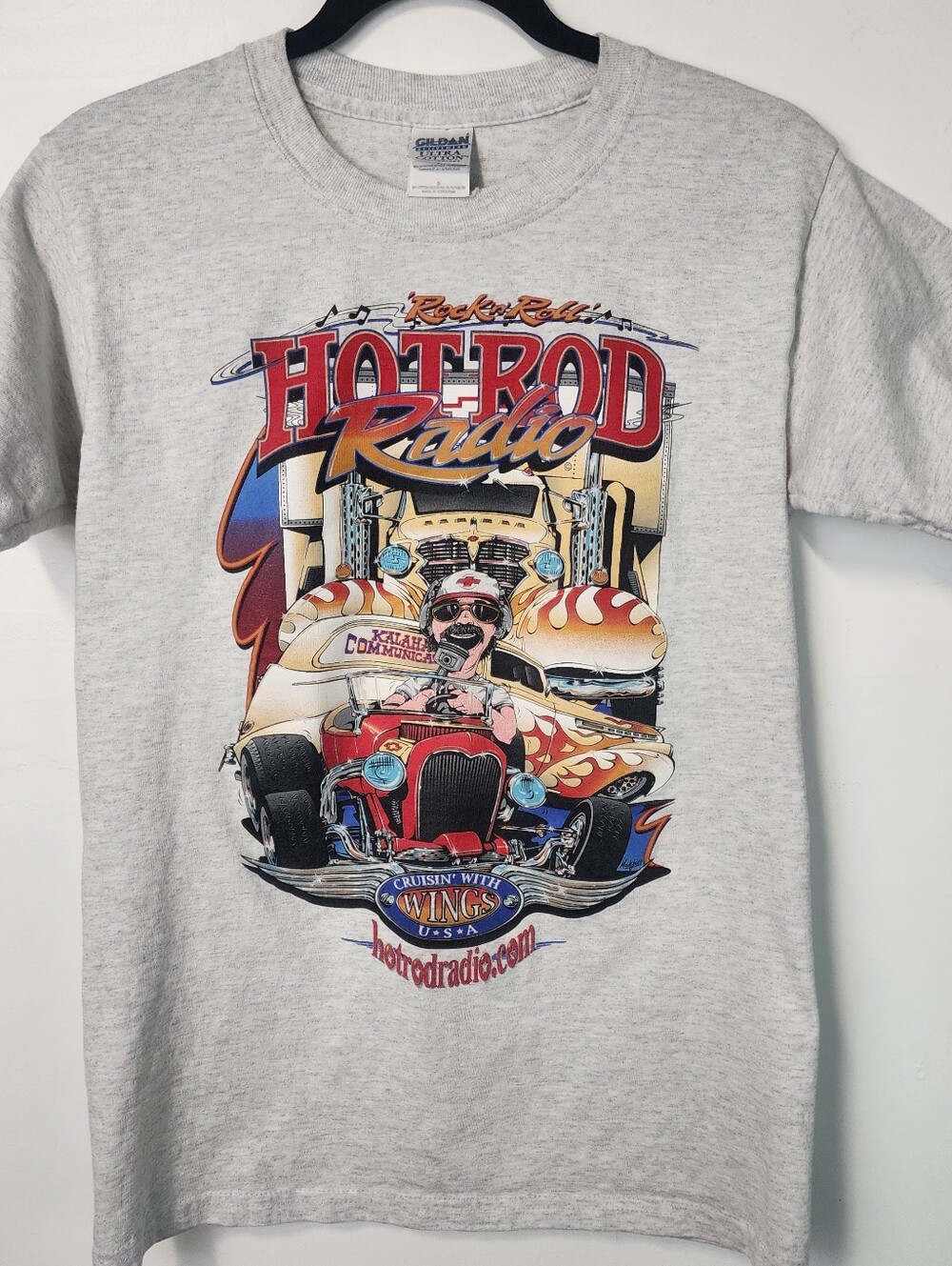 Gildan Sz Small Light Gray Rock N Roll Hot Rod Radio Graphic Tee USA Wings Flame